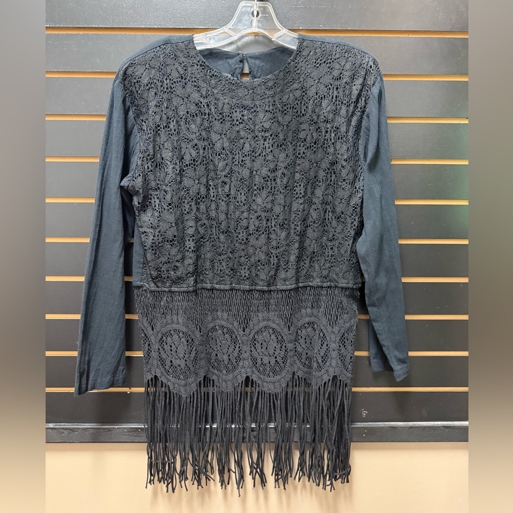 Vintage Choon CA Black Crochet Fringe Top Size 6